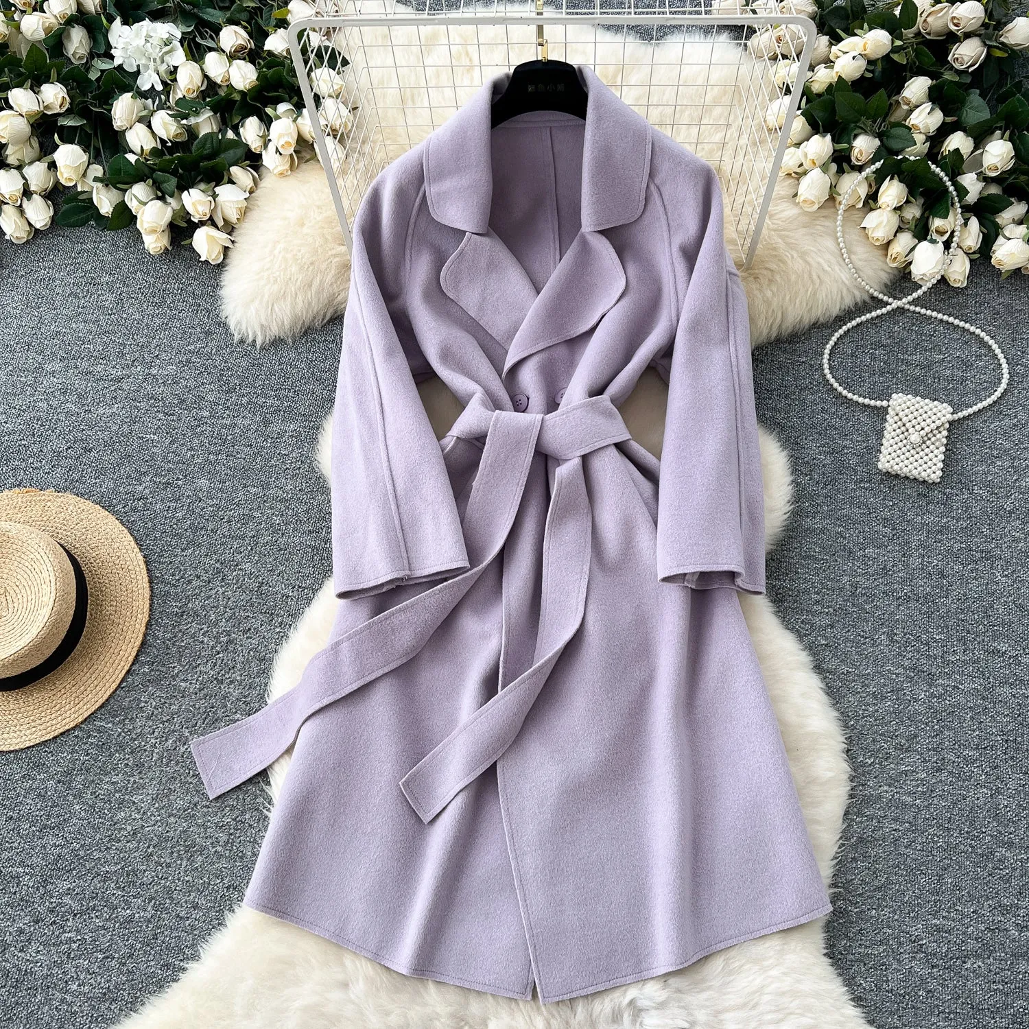 Solid Color Lace-up Tweed Trench Coat