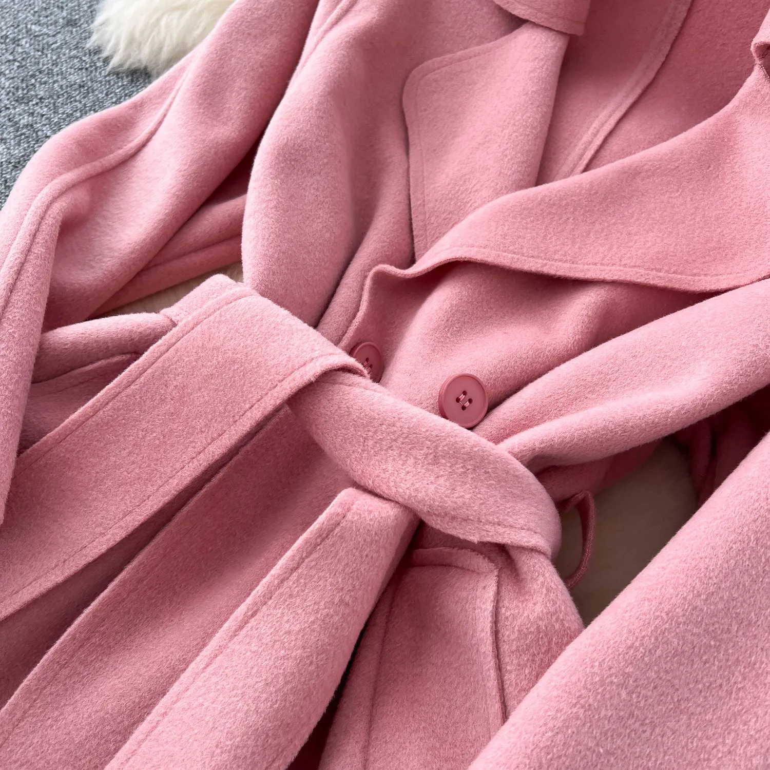 Solid Color Lace-up Tweed Trench Coat