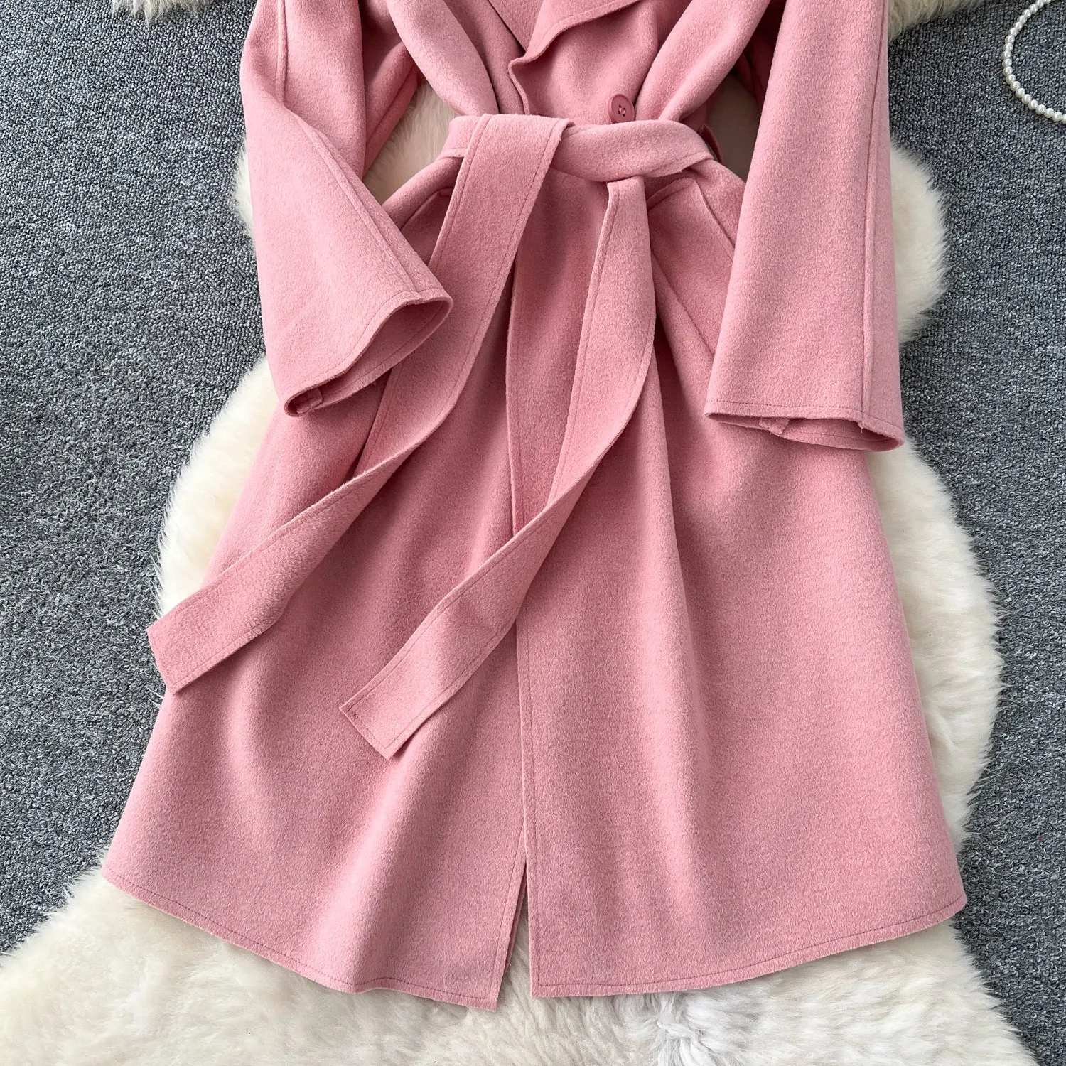 Solid Color Lace-up Tweed Trench Coat