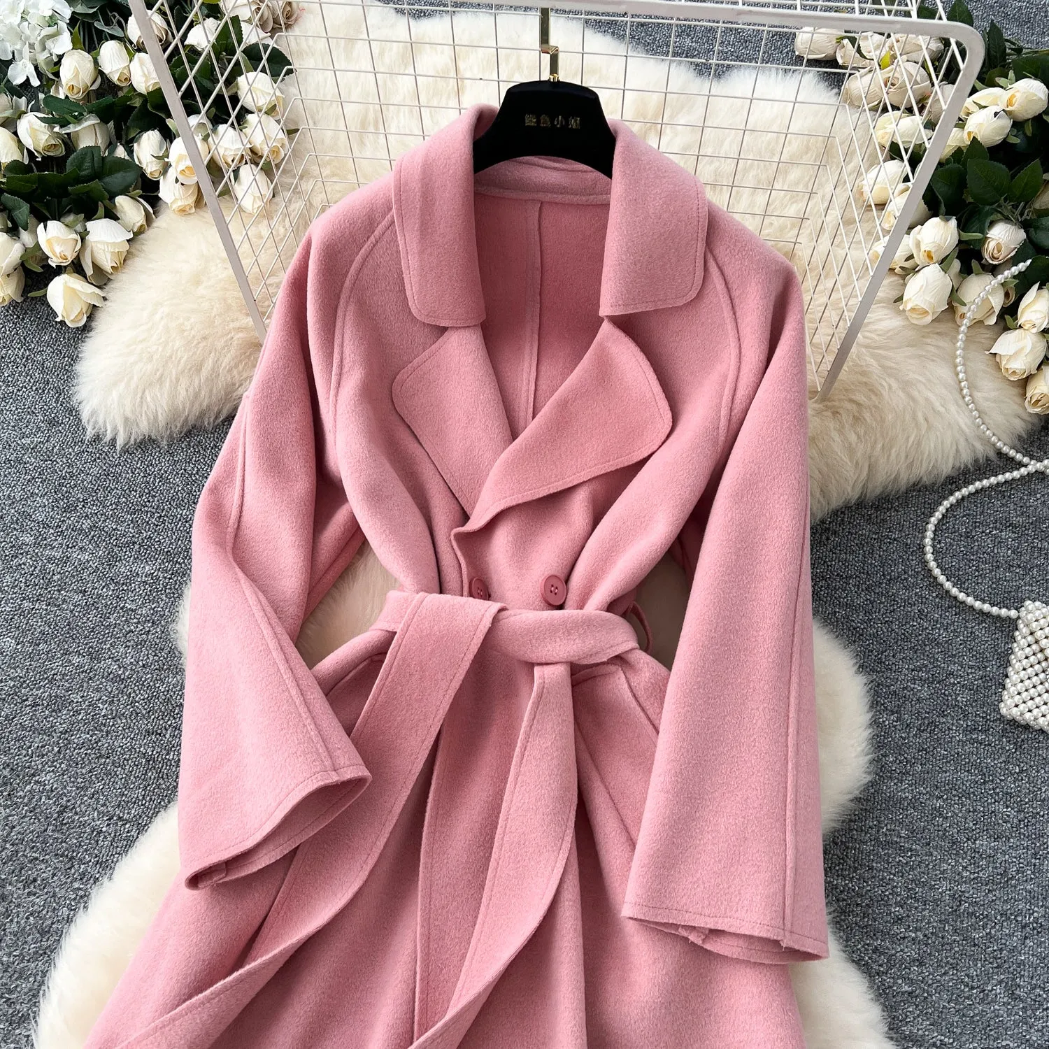 Solid Color Lace-up Tweed Trench Coat