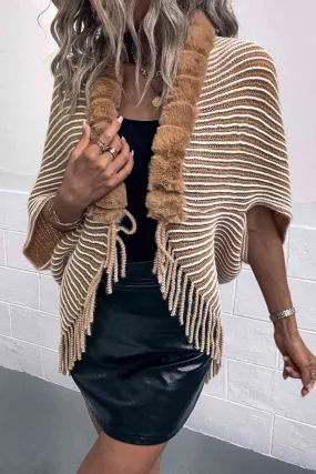 Striped Open Front Fringe Poncho Striped Open Front Fringe Poncho