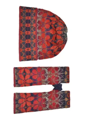Summer Red Women's Alpaca Hat and Fingerless Glove Set