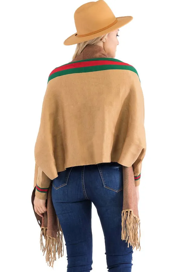 Tri-Stripe Faux Cashmere Cardigan Sweater Shrug Poncho: Camel