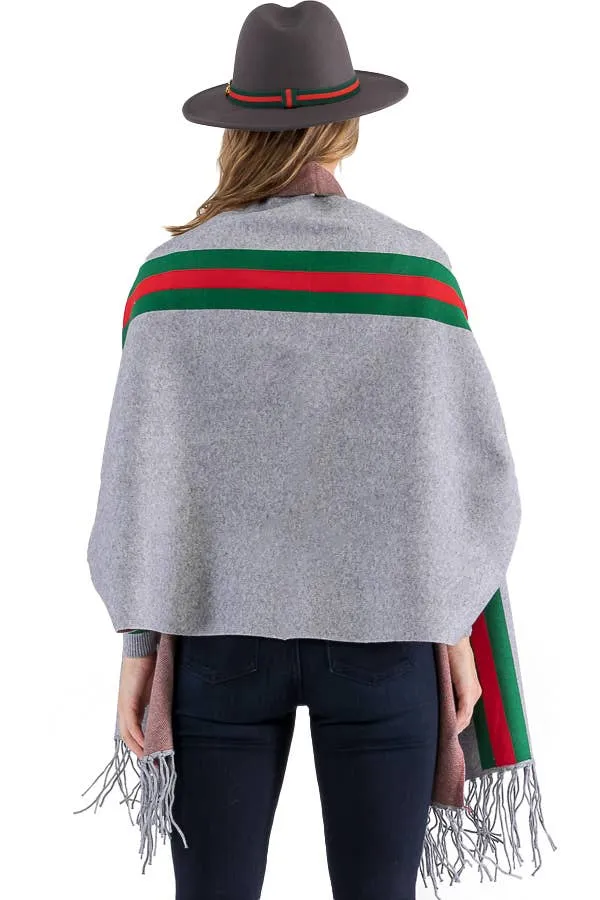 Tri-Stripe Faux Cashmere Cardigan Sweater Shrug Poncho: Camel