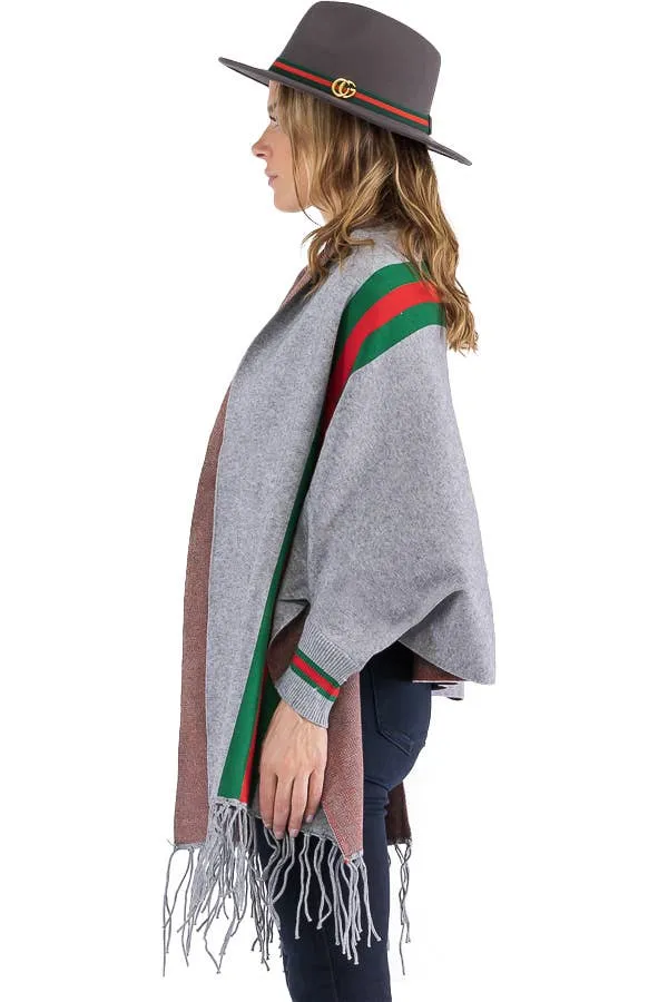 Tri-Stripe Faux Cashmere Cardigan Sweater Shrug Poncho: Camel