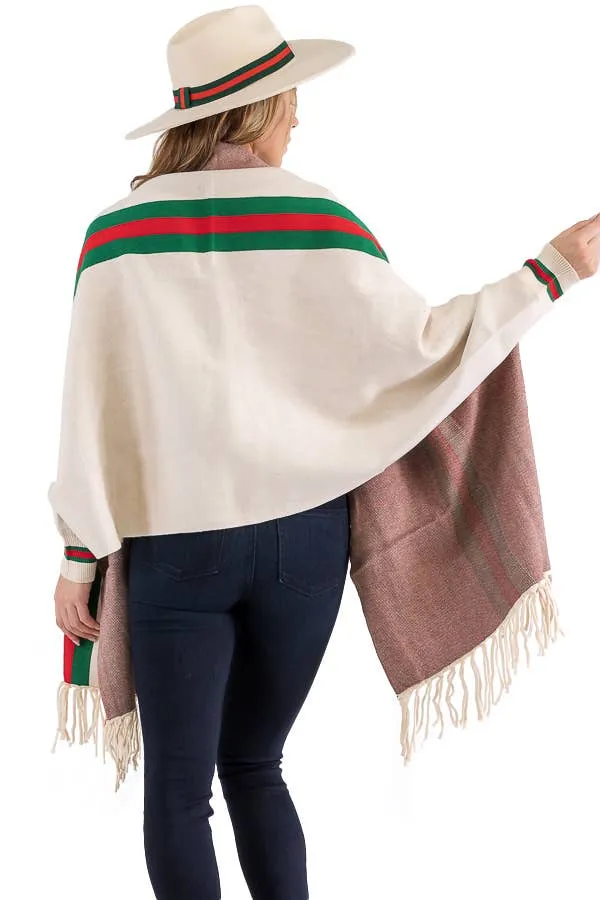 Tri-Stripe Faux Cashmere Cardigan Sweater Shrug Poncho: Camel