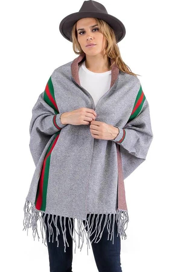 Tri-Stripe Faux Cashmere Cardigan Sweater Shrug Poncho: Camel