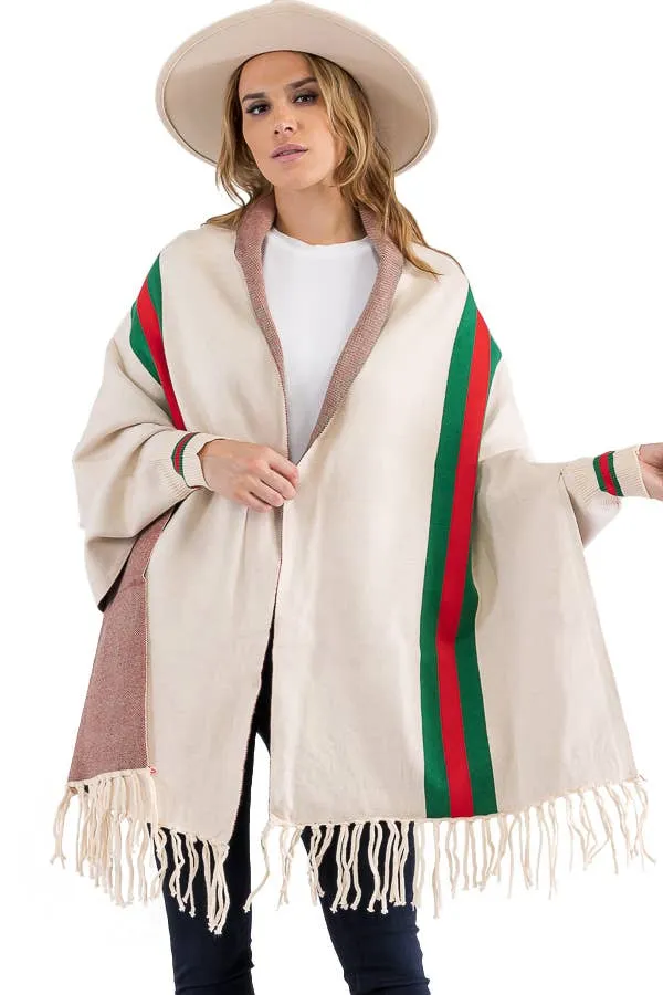 Tri-Stripe Faux Cashmere Cardigan Sweater Shrug Poncho: Camel