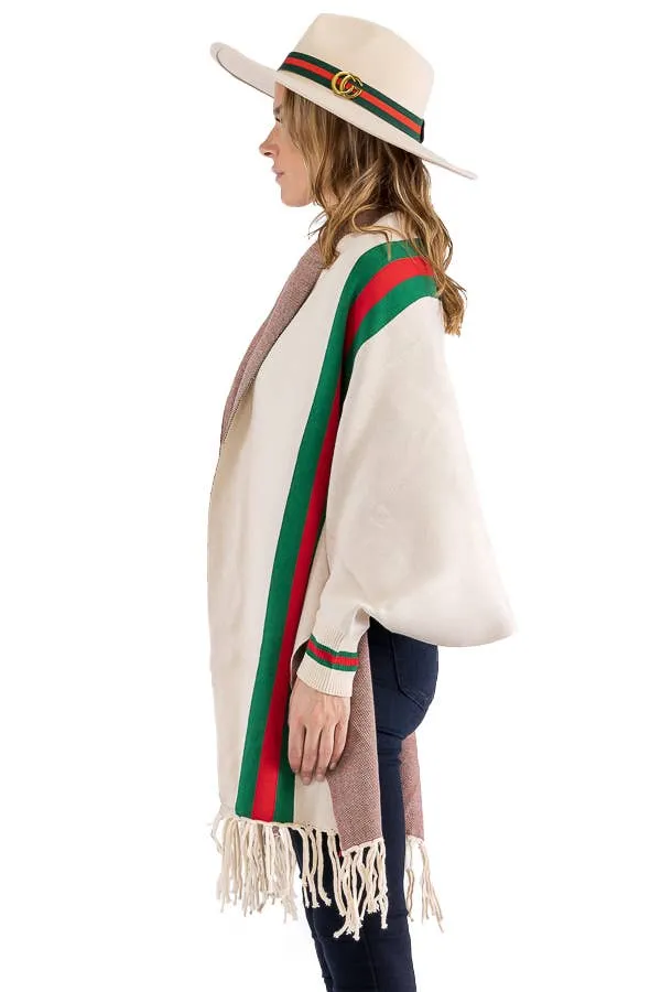 Tri-Stripe Faux Cashmere Cardigan Sweater Shrug Poncho: Camel