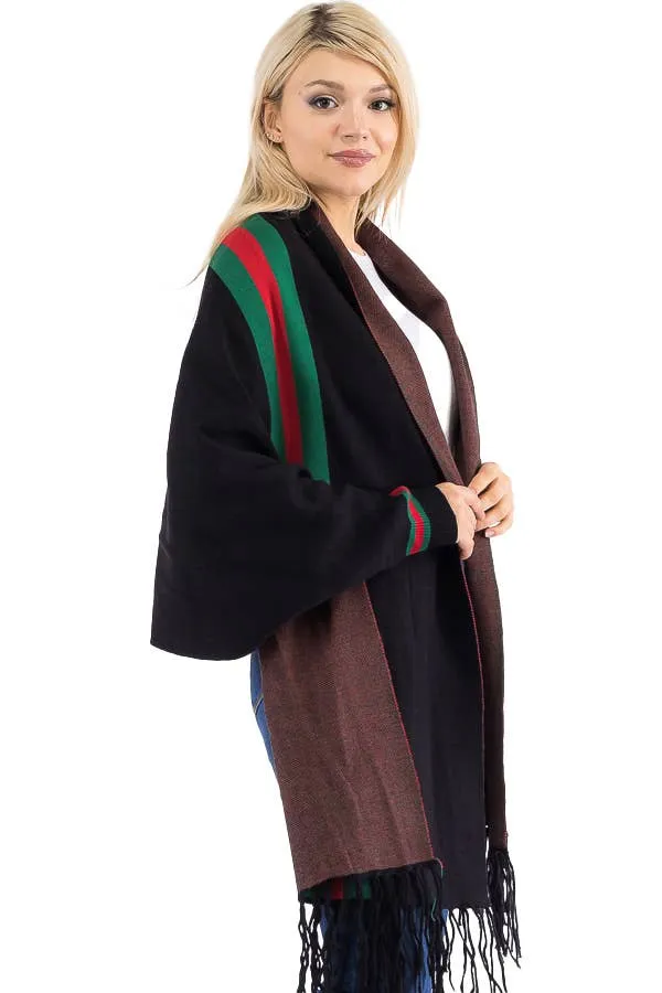 Tri-Stripe Faux Cashmere Cardigan Sweater Shrug Poncho: Camel