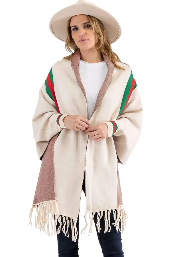 Tri-Stripe Faux Cashmere Cardigan Sweater Shrug Poncho: Camel