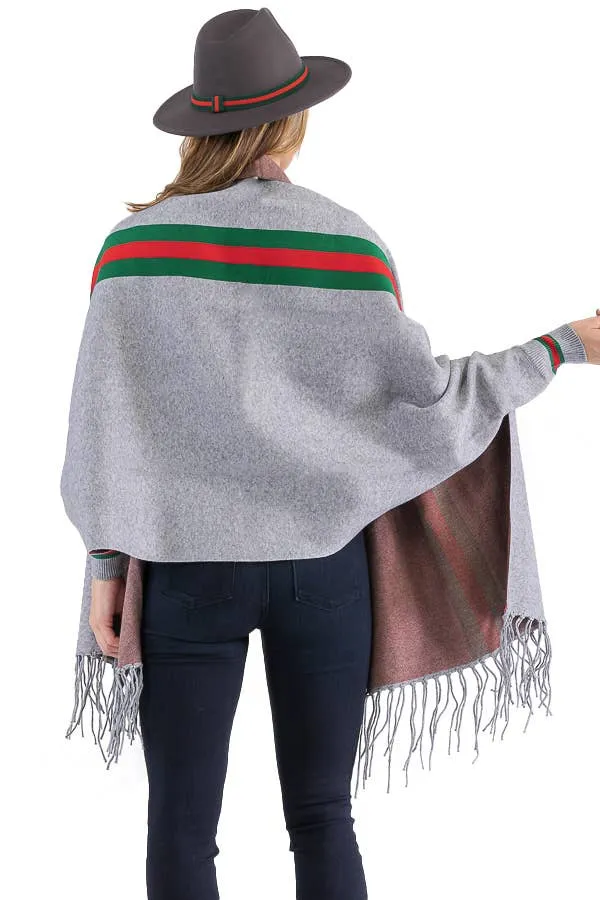 Tri-Stripe Faux Cashmere Cardigan Sweater Shrug Poncho: Camel