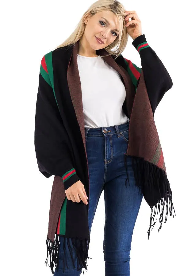 Tri-Stripe Faux Cashmere Cardigan Sweater Shrug Poncho: Camel