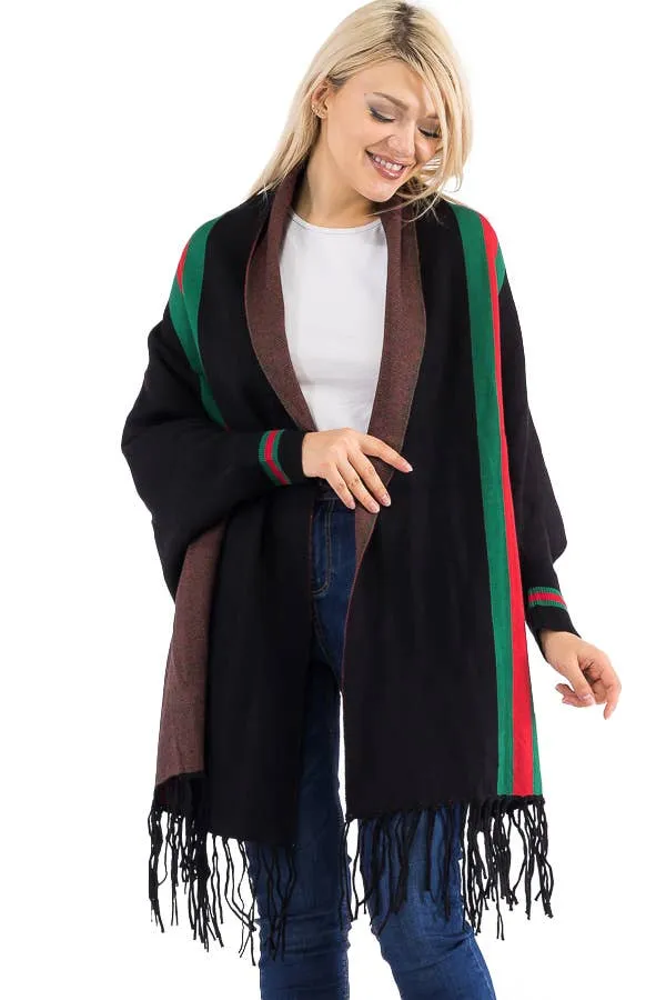 Tri-Stripe Faux Cashmere Cardigan Sweater Shrug Poncho: Camel