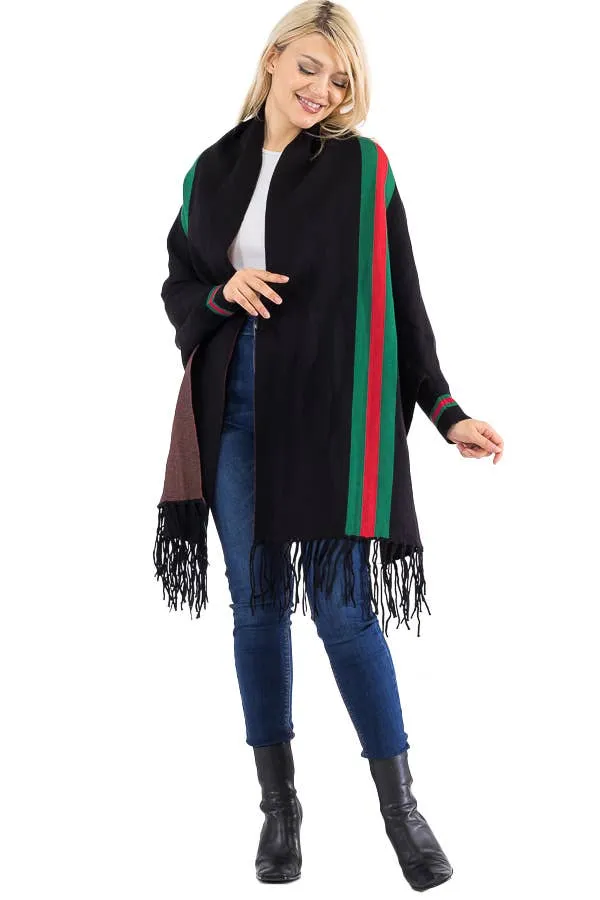 Tri-Stripe Faux Cashmere Cardigan Sweater Shrug Poncho: Camel