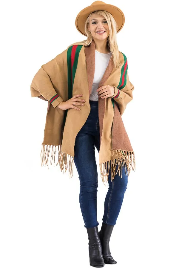Tri-Stripe Faux Cashmere Cardigan Sweater Shrug Poncho: Camel
