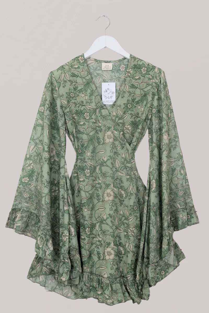 Venus Folklore Floral Mini Wrap Dress in Bamboo Green