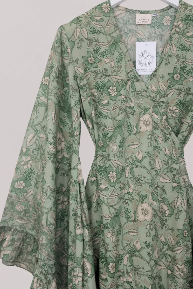 Venus Folklore Floral Mini Wrap Dress in Bamboo Green