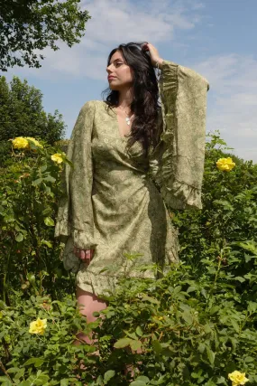 Venus Folklore Floral Mini Wrap Dress in Bamboo Green