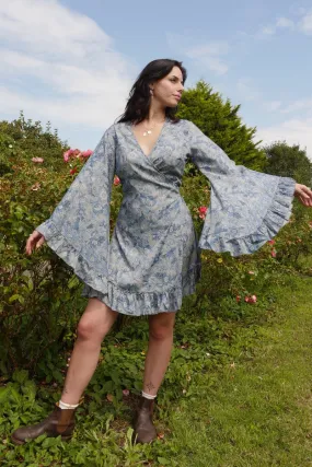 Venus Folklore Floral Mini Wrap Dress in Forget-Me-Not Blue