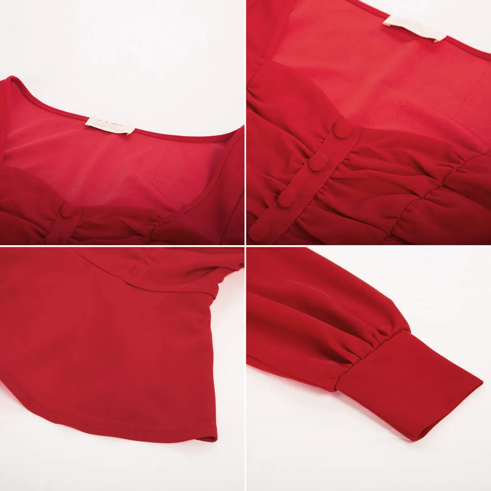 Vintage Lantern Sleeve Blouse Ruched Sweetheart Neck Peplum Top