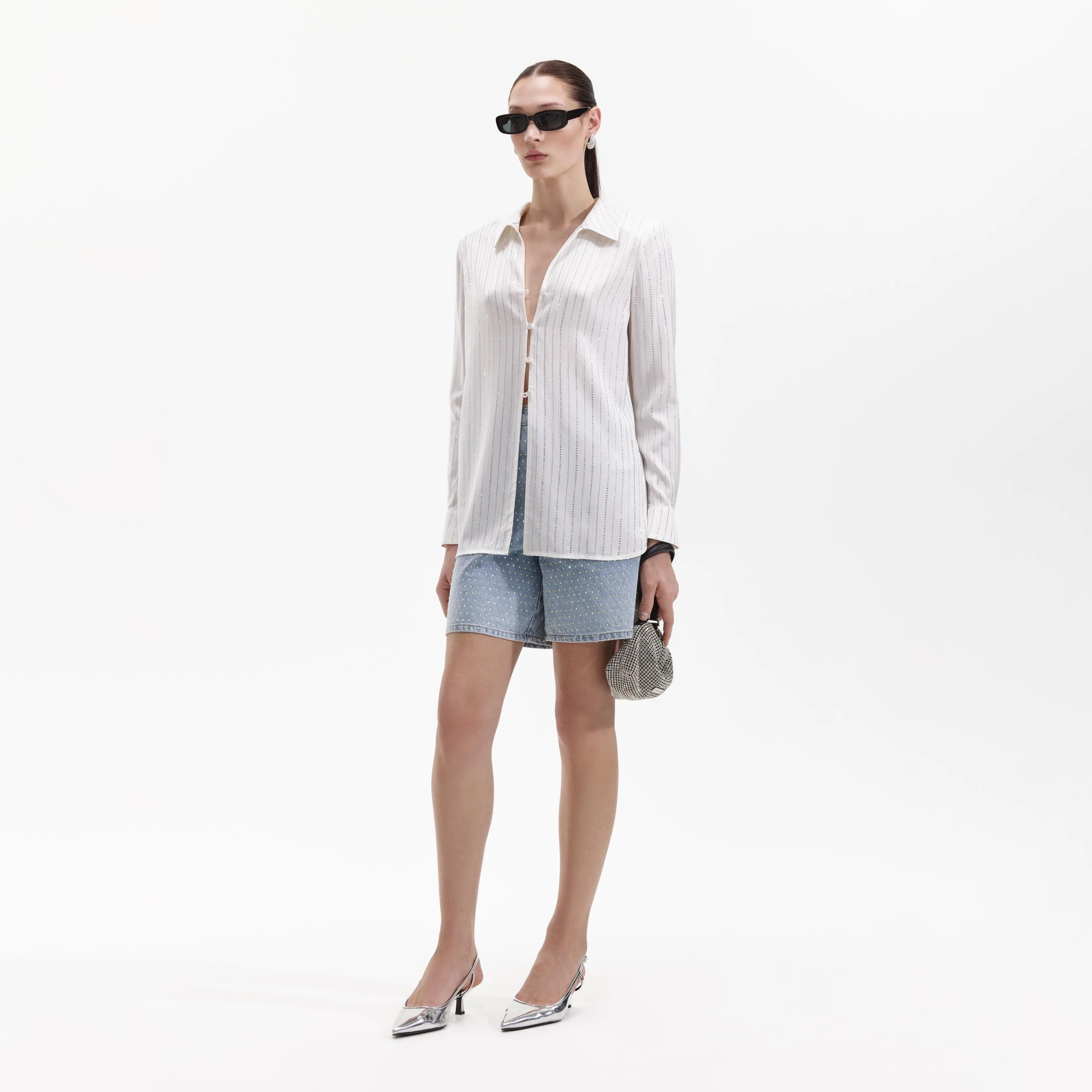 White Rhinestone Stripe Shirt