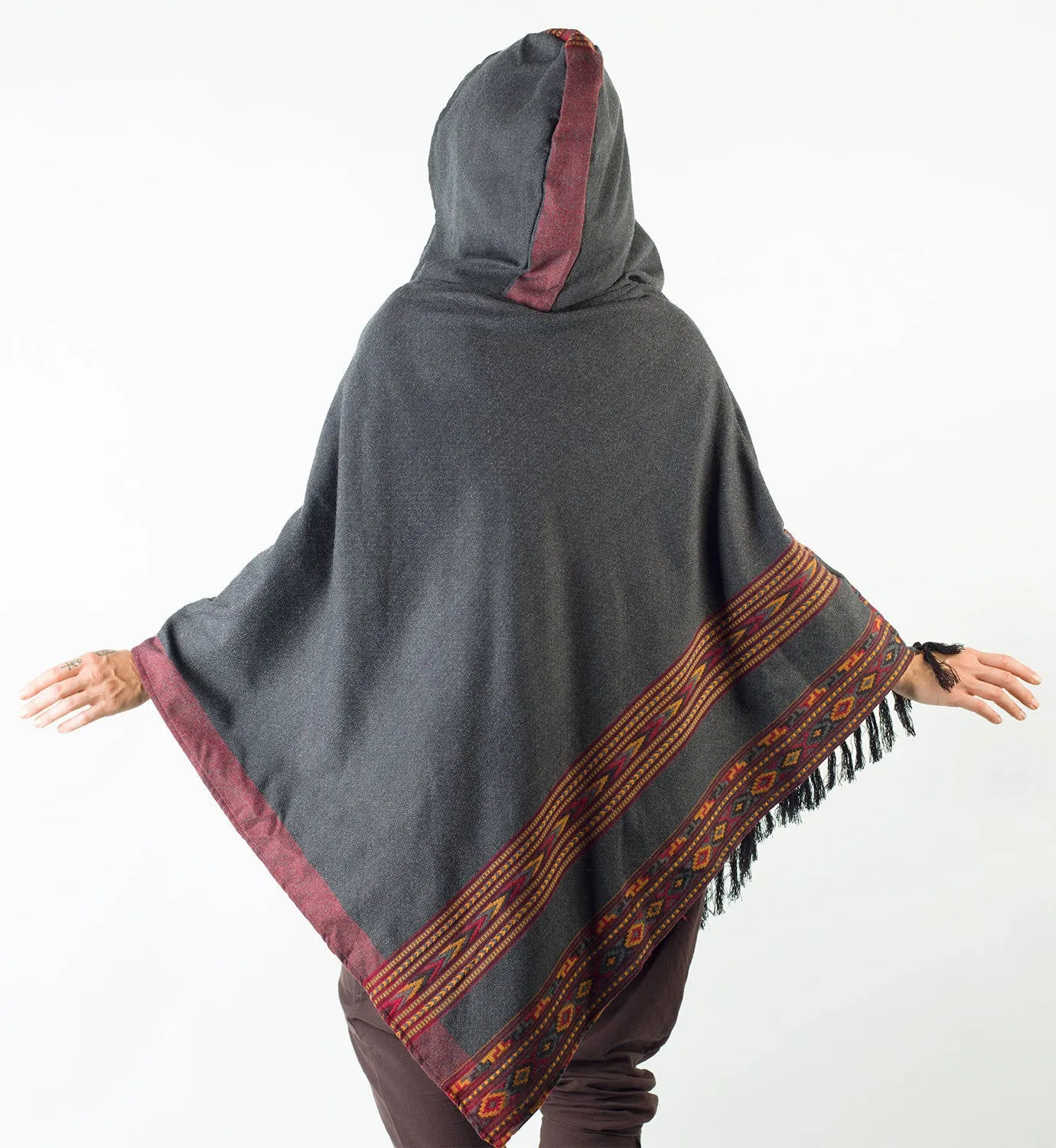 Womens Poncho Dark Grey Large Hood Yak Wool Tribal Embroidery Boho Patterns Gypsy Alternative Wild Festival Rave Mexican Primitive AJJAYA