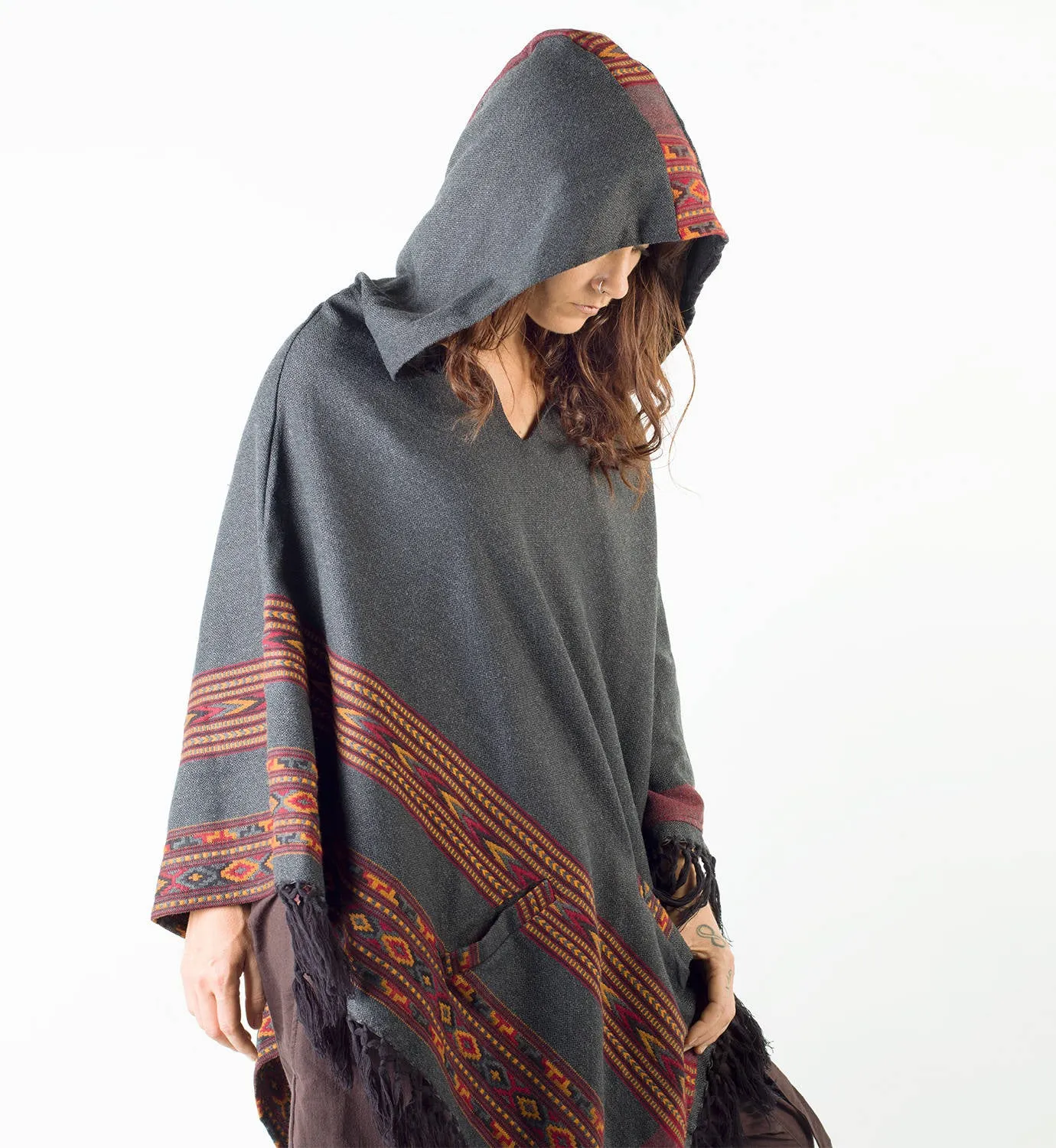 Womens Poncho Dark Grey Large Hood Yak Wool Tribal Embroidery Boho Patterns Gypsy Alternative Wild Festival Rave Mexican Primitive AJJAYA