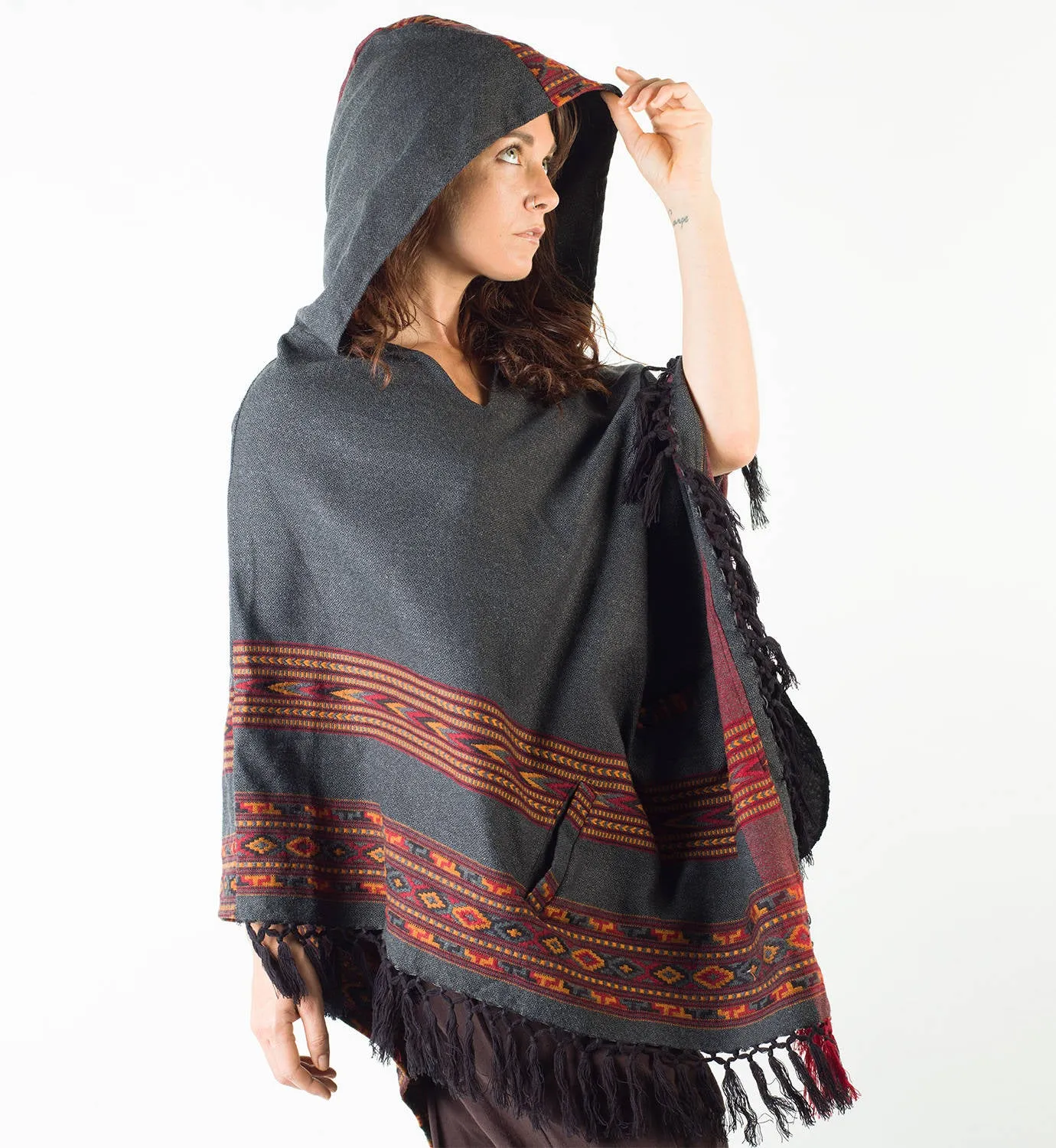 Womens Poncho Dark Grey Large Hood Yak Wool Tribal Embroidery Boho Patterns Gypsy Alternative Wild Festival Rave Mexican Primitive AJJAYA