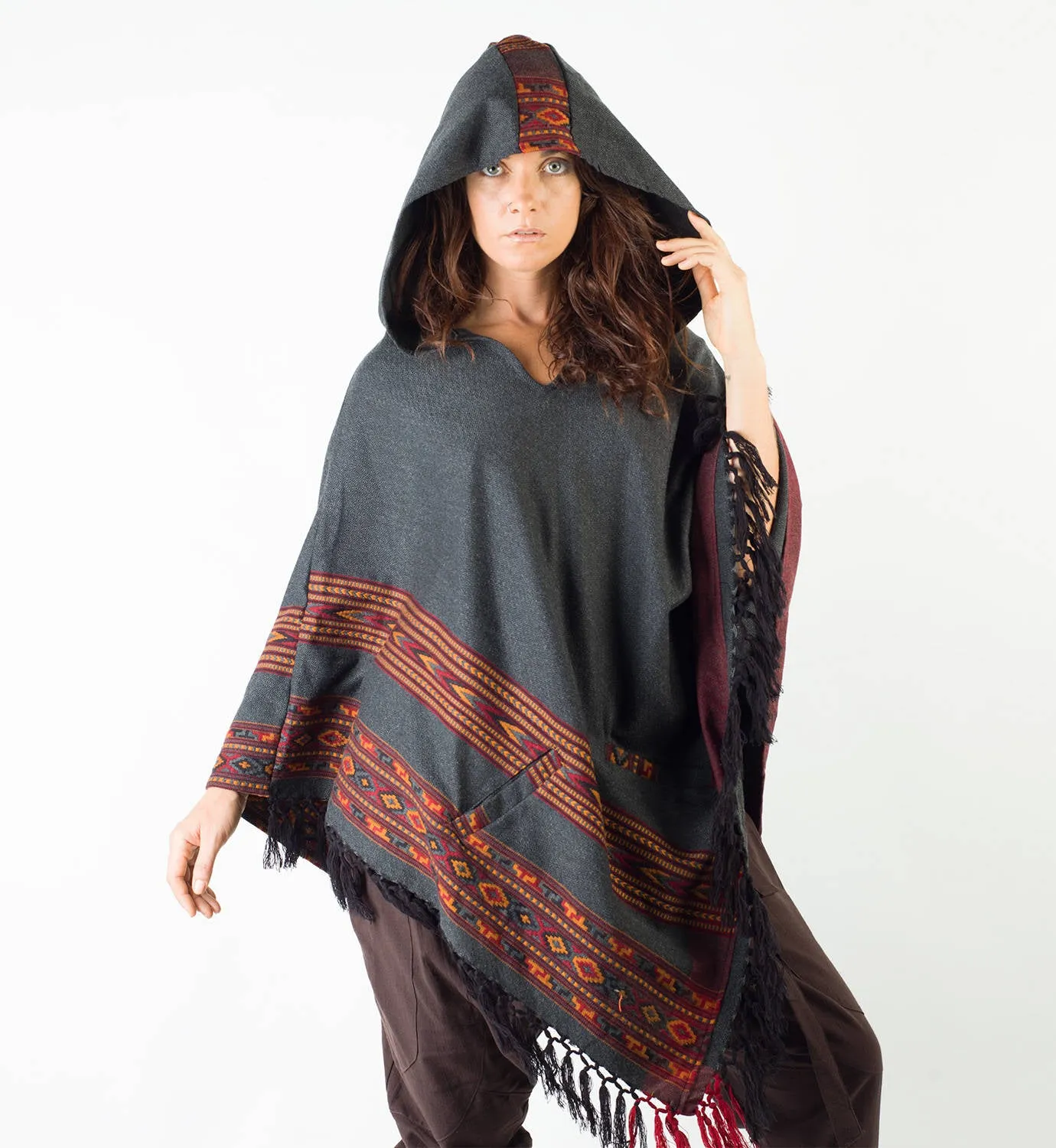 Womens Poncho Dark Grey Large Hood Yak Wool Tribal Embroidery Boho Patterns Gypsy Alternative Wild Festival Rave Mexican Primitive AJJAYA